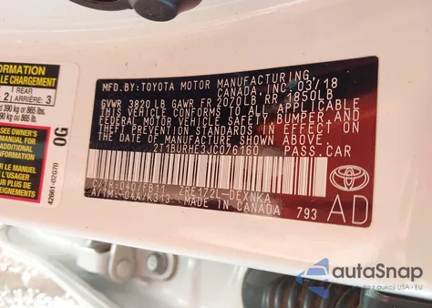 2018 Toyota Corolla Le from USA, damaged, VIN 2T1BURHE3JC076160